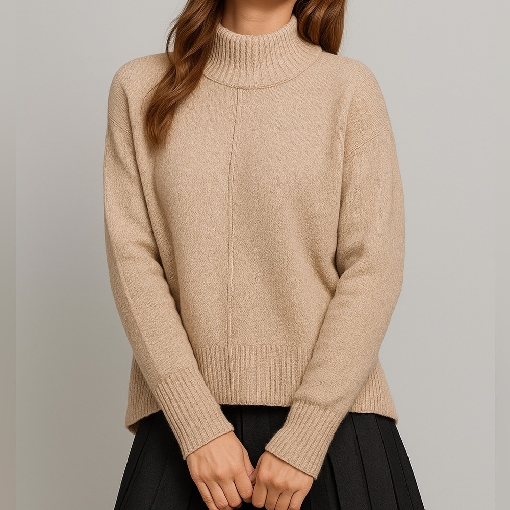 🆕Rachel Zoe Cozy Textured Knit Mock Neck Sweater Beige Tan Neutral Minimalist XL